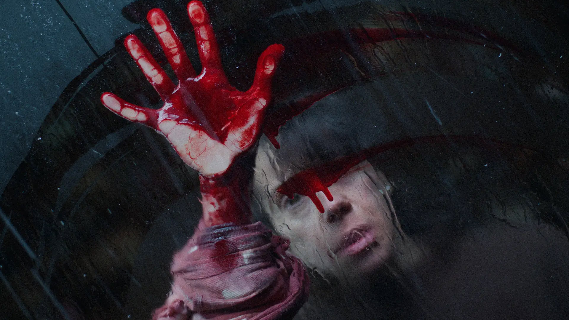 Sally Hawkins in Bring Her Back, holding her bloody hand up against a window