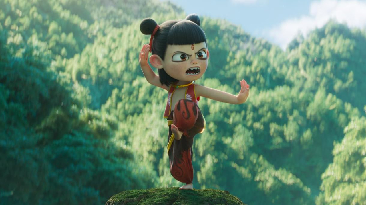 Nezha practising some yoga on a hill top in Ne Zha II