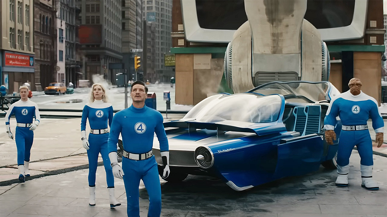 The Fantastic Four standing on a New York street by the Fantasti-Car in The Fantastic Four: First Steps