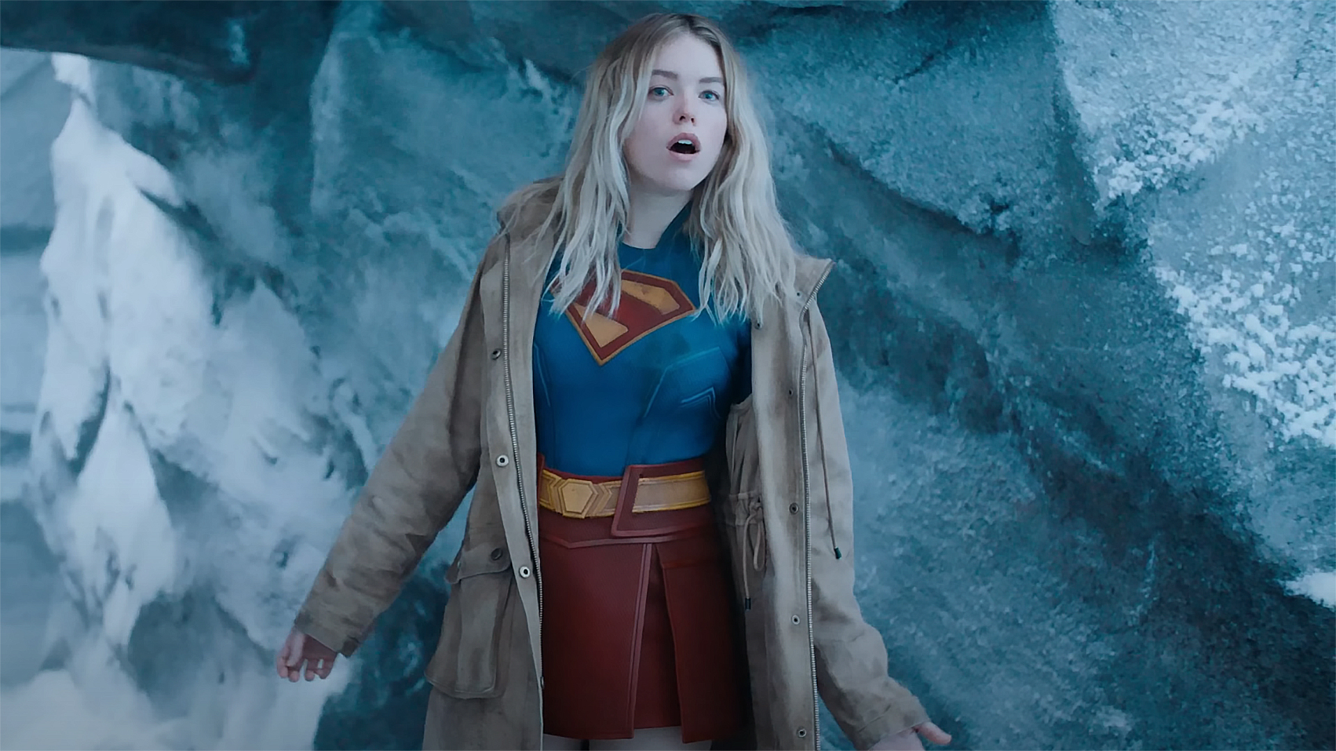 A screenshot of Kara Zor-El in her Supergirl costume and trenchcoat in 2025&#039;s Superman film