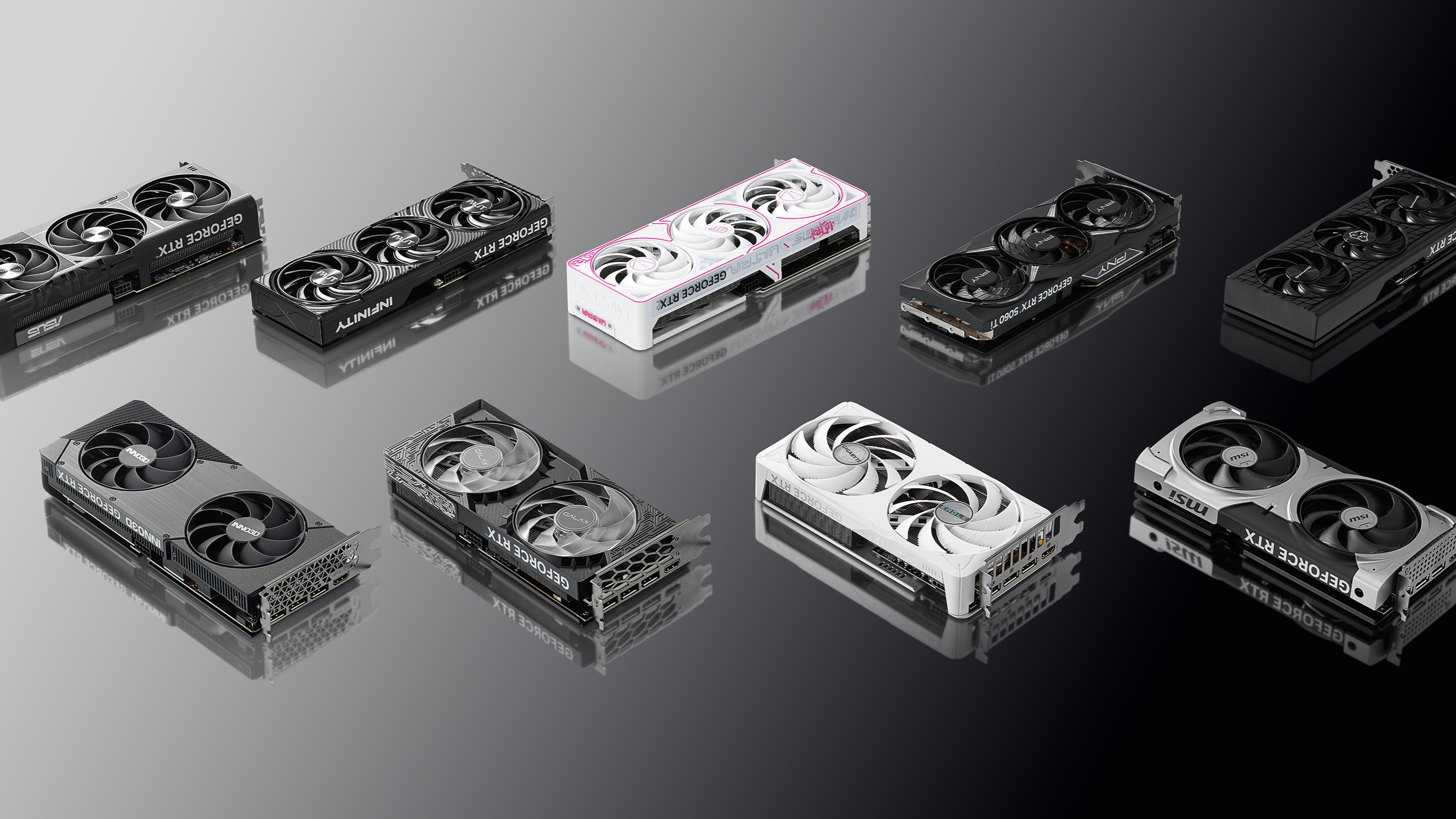 A selection of Nvidia RTX 5060 Ti graphics cards.