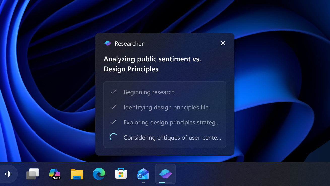 Windows 11 Research AI Agent in taskbar