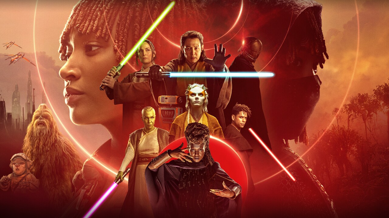 The main promotional artwork for Star Wars: The Acolyte showing the Disney Plus series' main cast in various poses