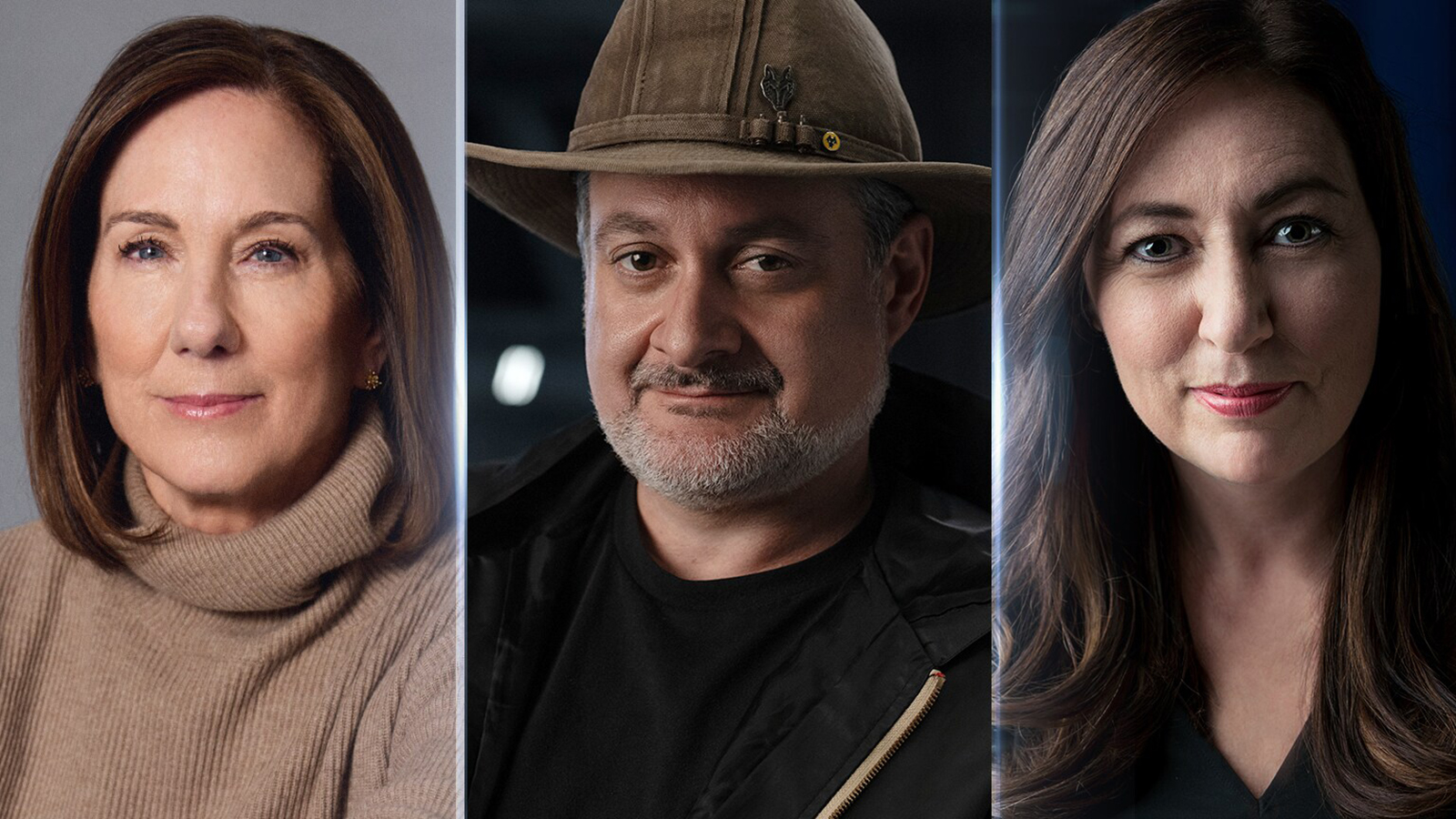 A collage of Kathleen Kennedy, Dave Filoni, and Lynwen Brennan smiling and looking into the camera