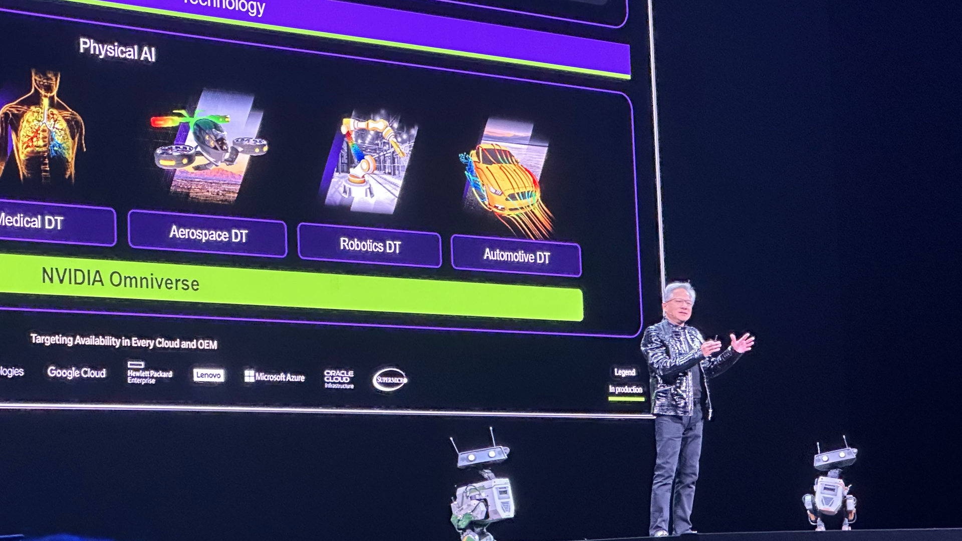 Jensen Huang at Nvidia keynote standing next to robots