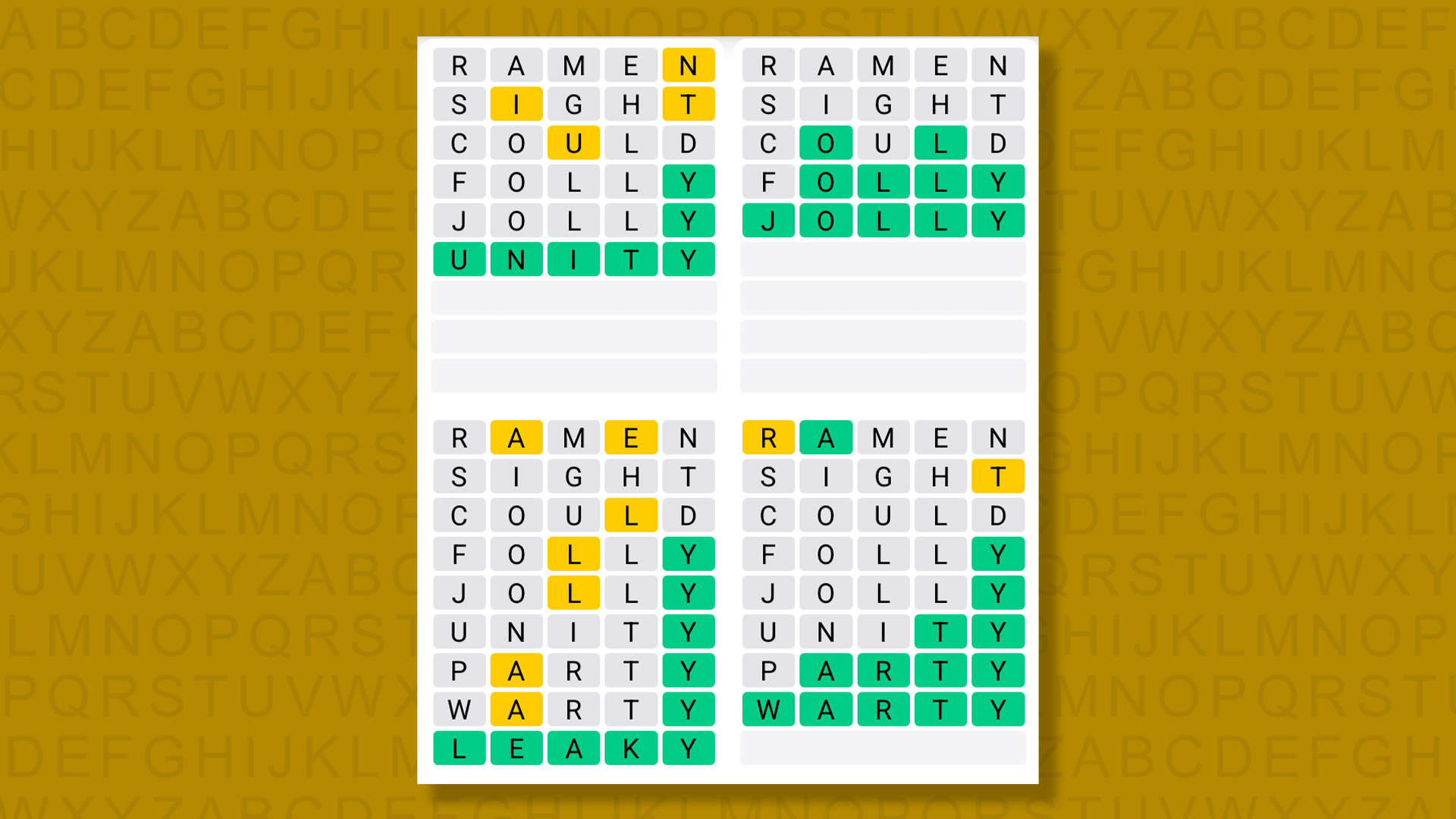 Quordle answers for game 1453 on a yellow background