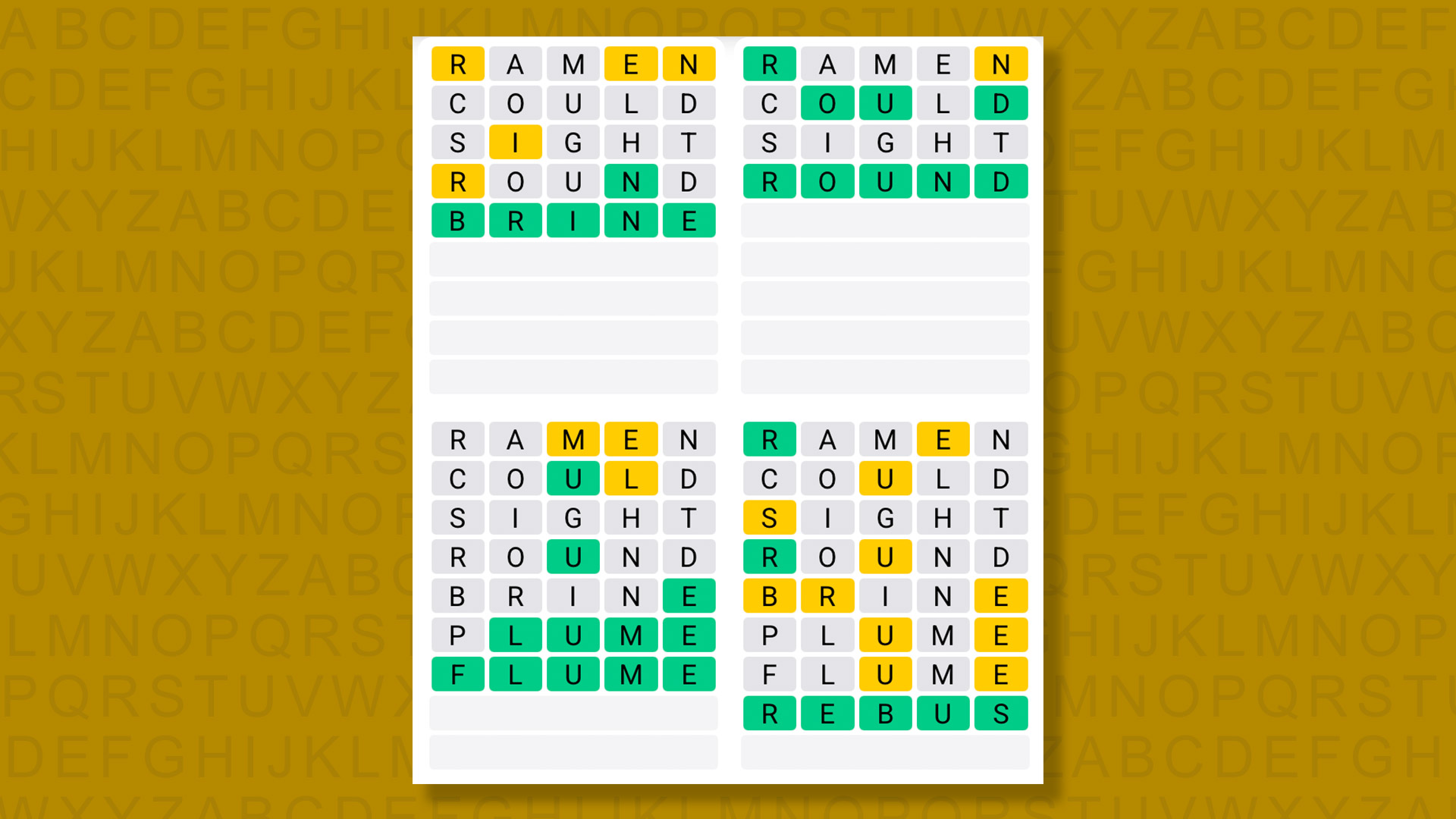 Quordle answers for game 1449 on a yellow background