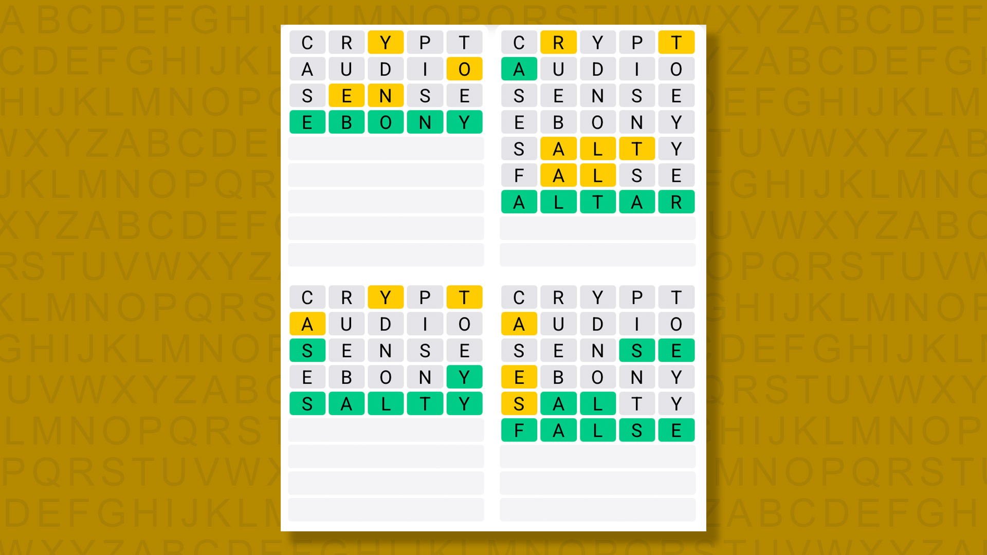 Quordle answers for game 1456 on a yellow background