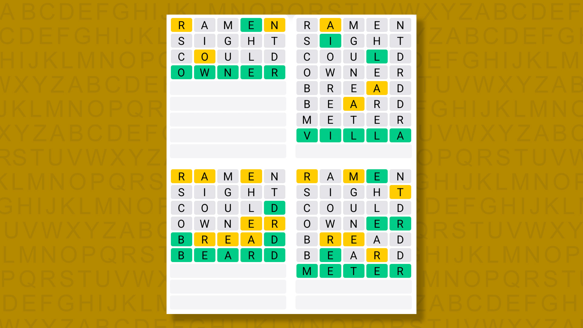 Quordle answers for game 1442 on a yellow background