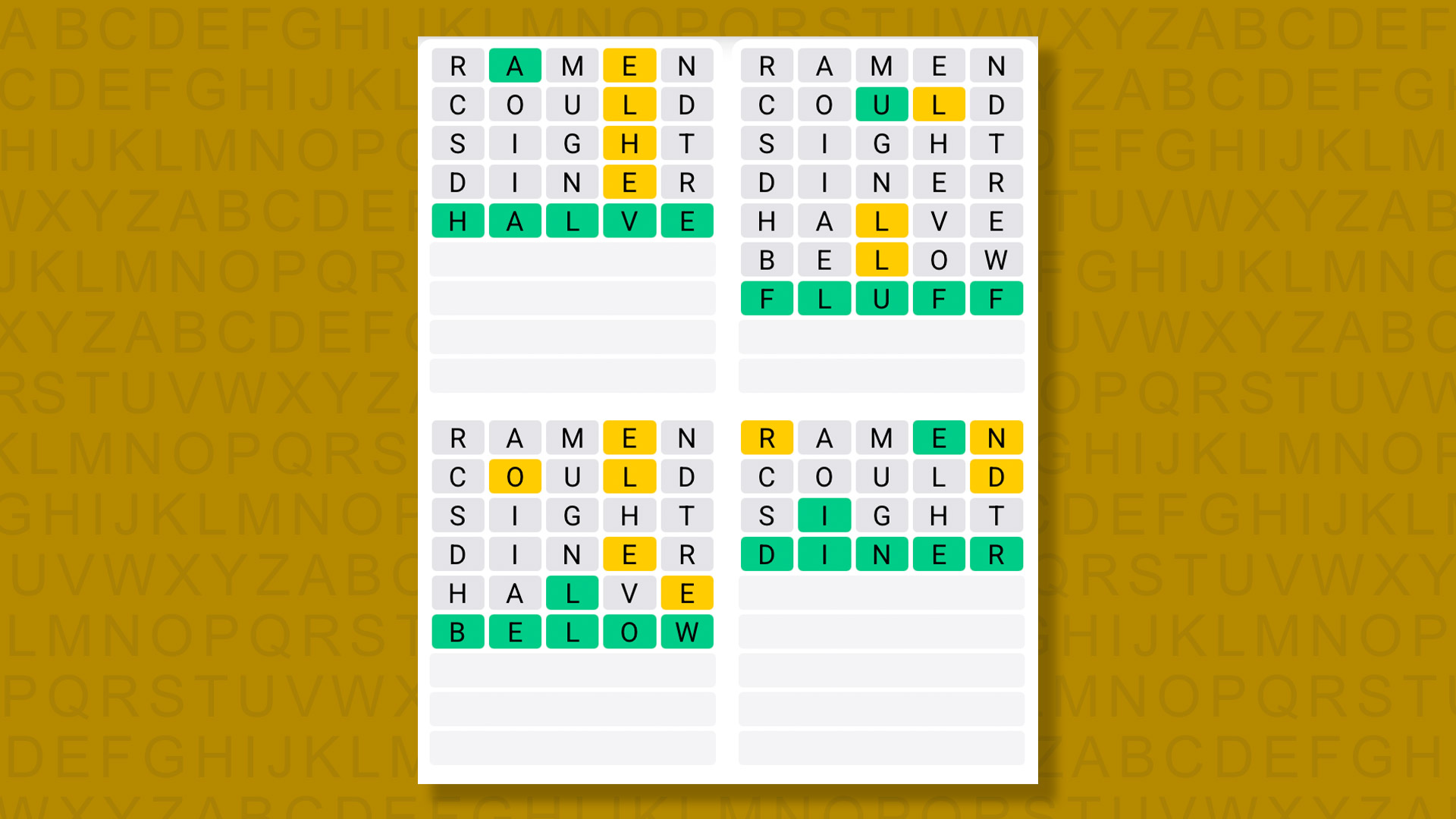 Quordle Daily Sequence answers for game 1447 on a yellow background