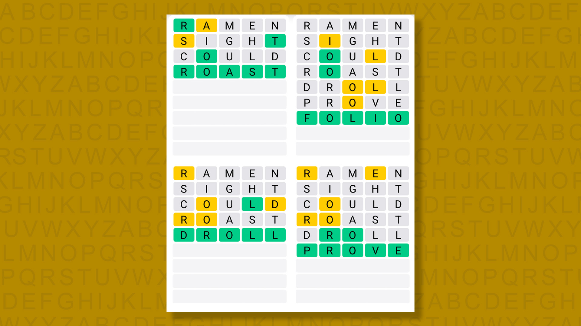 Quordle answers for game 1454 on a yellow background
