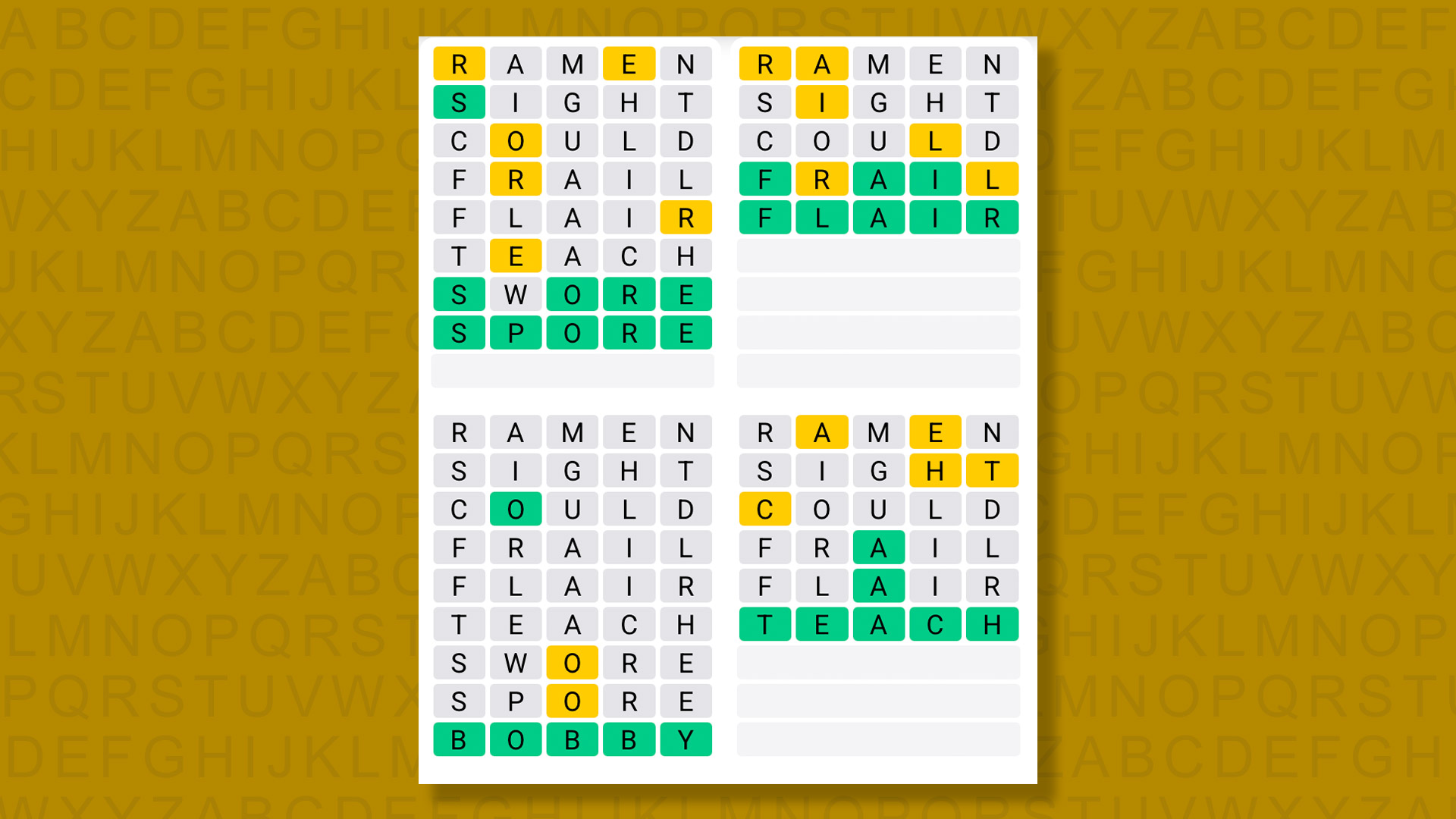 Quordle answers for game 1440 on a yellow background