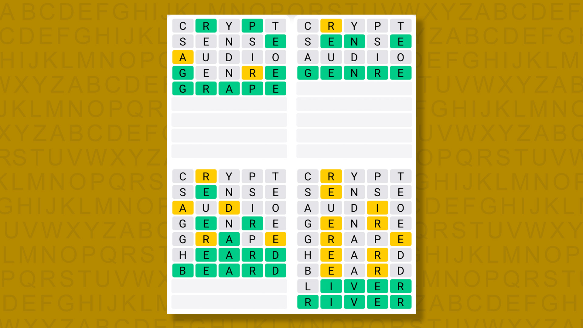 Quordle answers for game 1468 on a yellow background