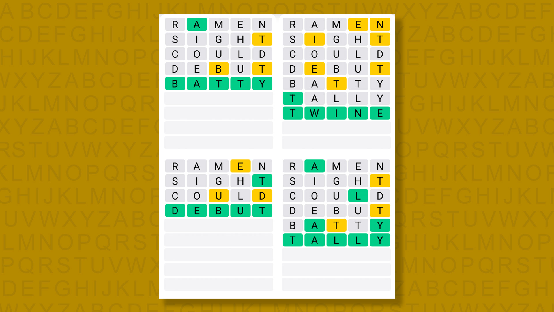 Quordle answers for game 1455 on a yellow background