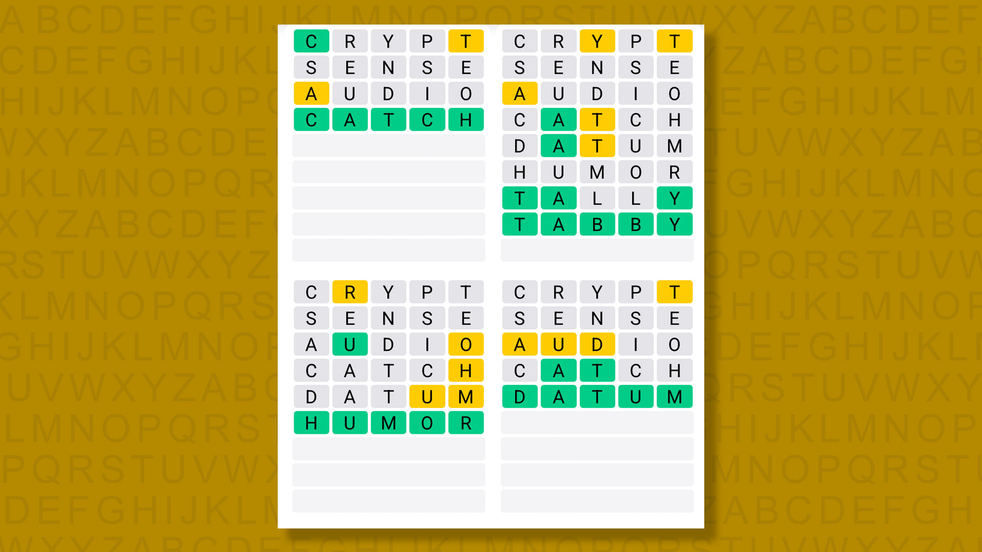 Quordle answers for game 1462 on a yellow background