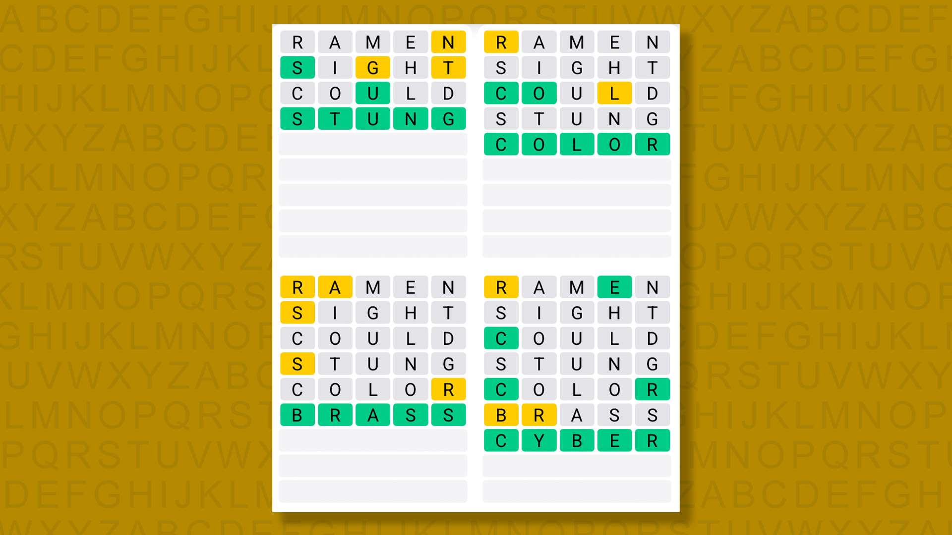 Quordle answers for game 1441 on a yellow background