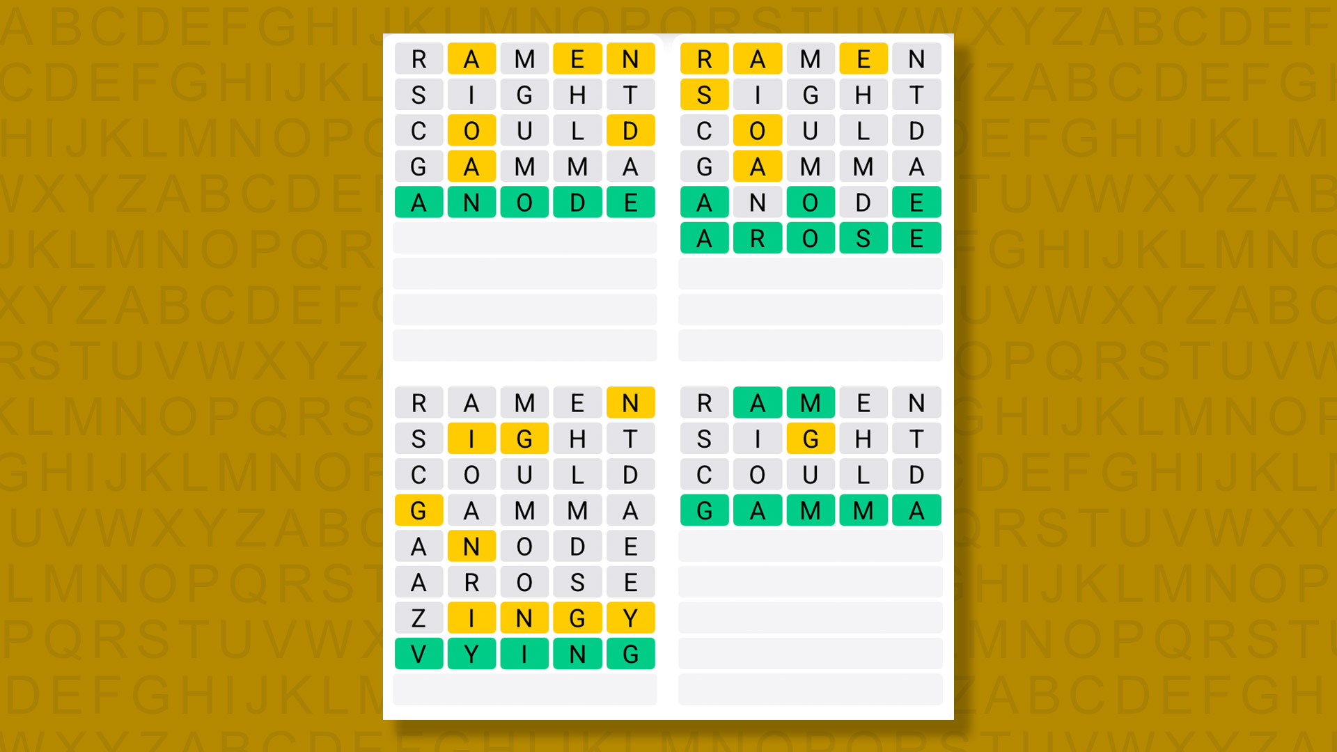 Quordle answers for game 1438 on a yellow background