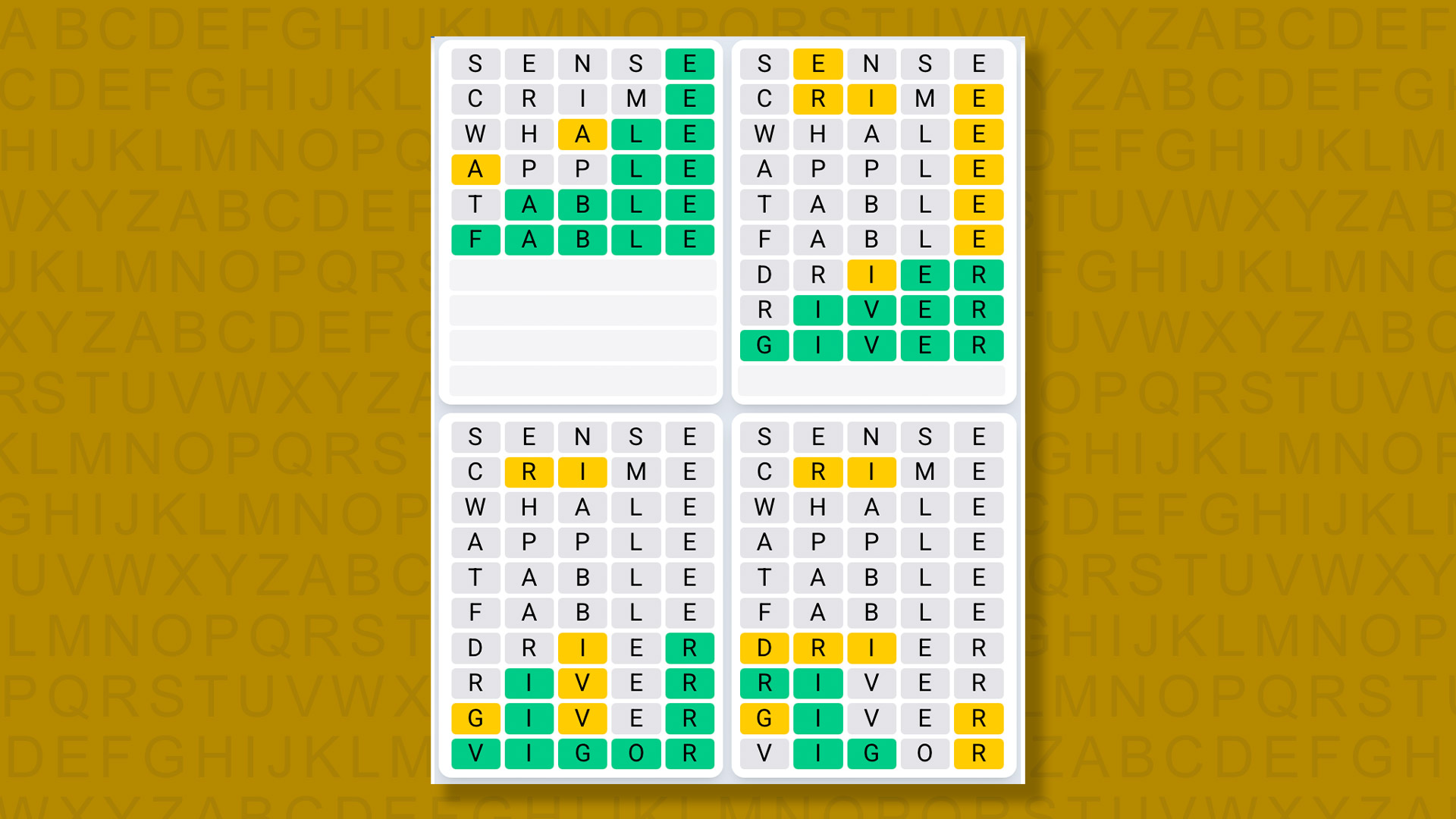 Quordle Daily Sequence answers for game 1459 on a yellow background
