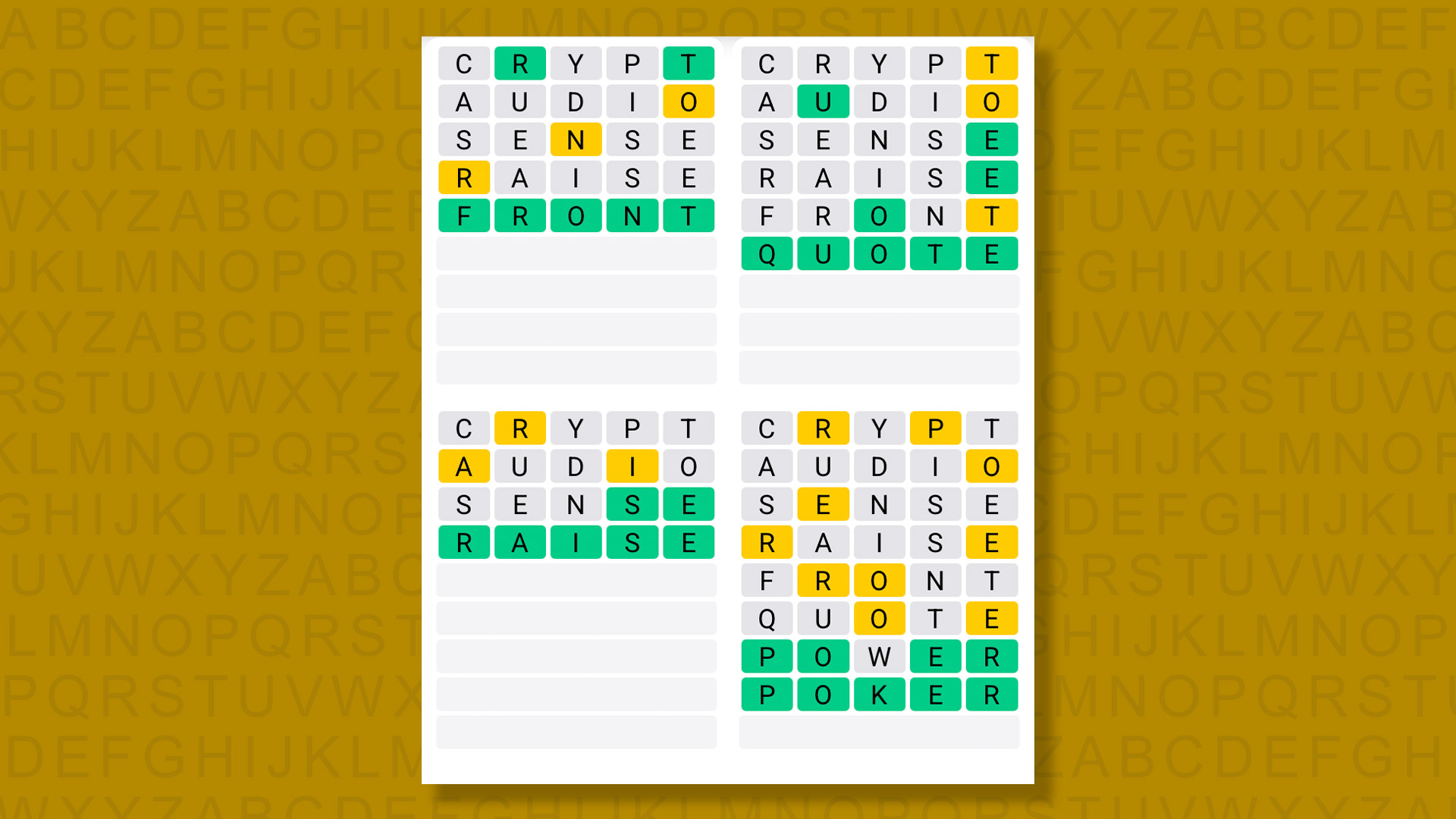 Quordle answers for game 1459 on a yellow background