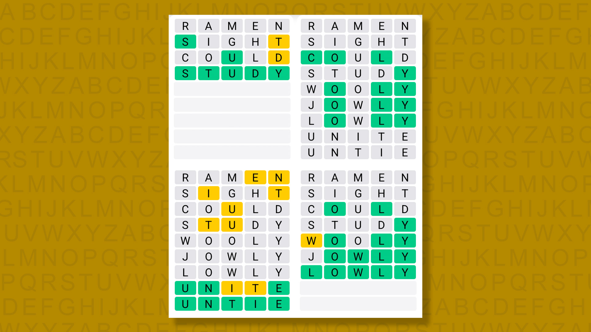 Quordle answers for game 1445 on a yellow background