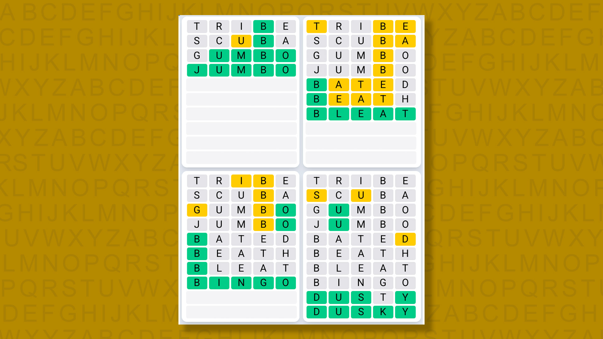 Quordle Daily Sequence answers for game 14578 on a yellow background
