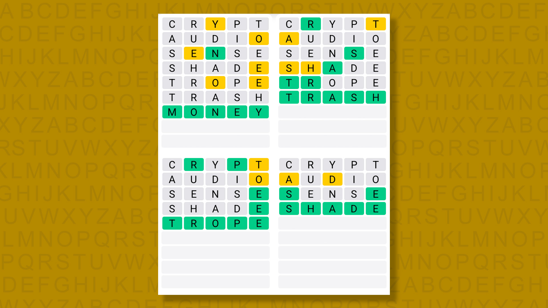 Quordle answers for game 1457 on a yellow background