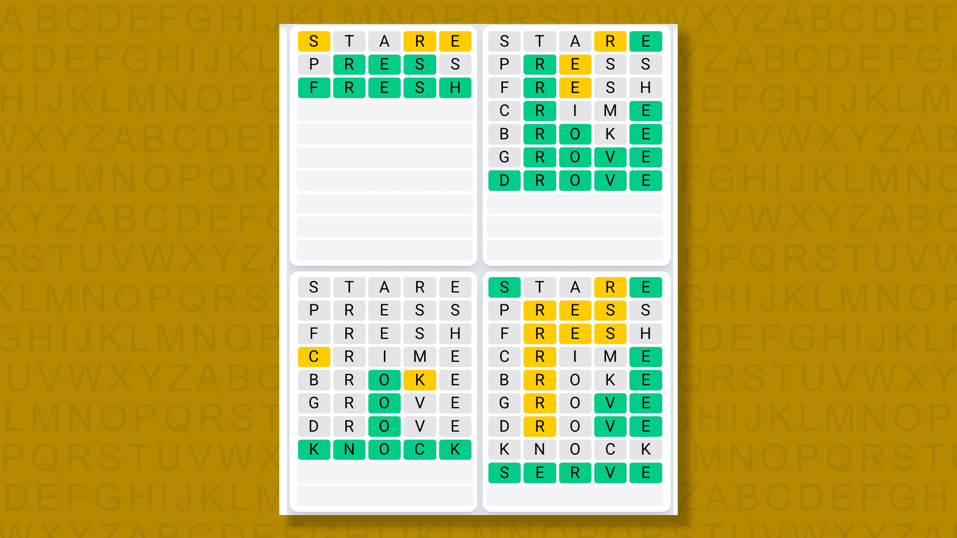 Quordle Daily Sequence answers for game 1464 on a yellow background
