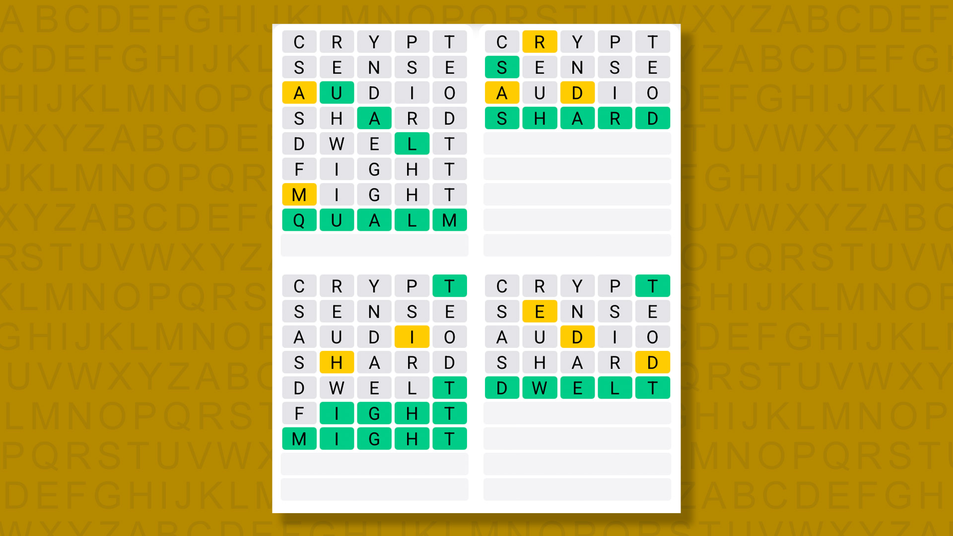 Quordle answers for game 1464 on a yellow background