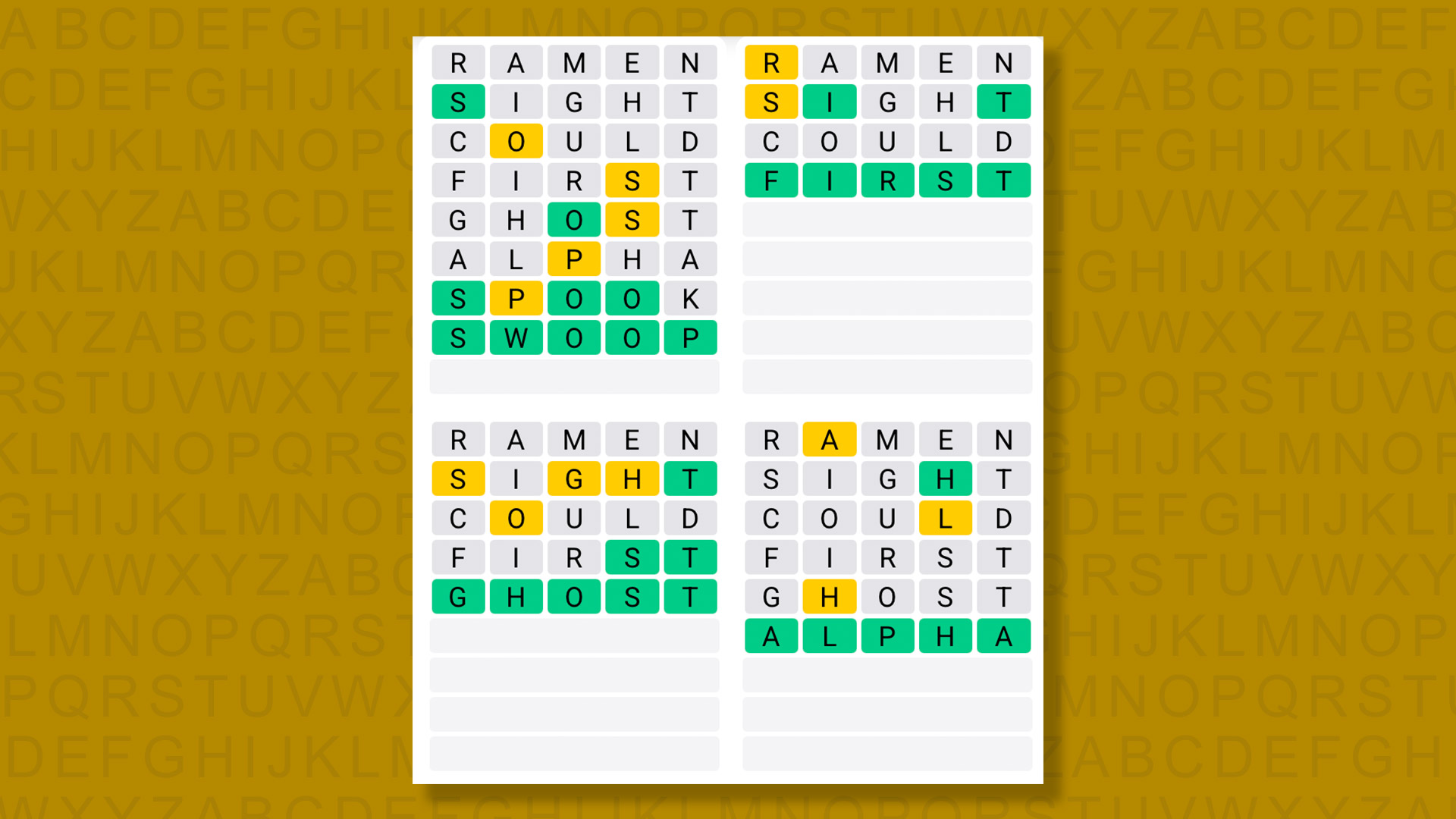 Quordle answers for game 1451 on a yellow background