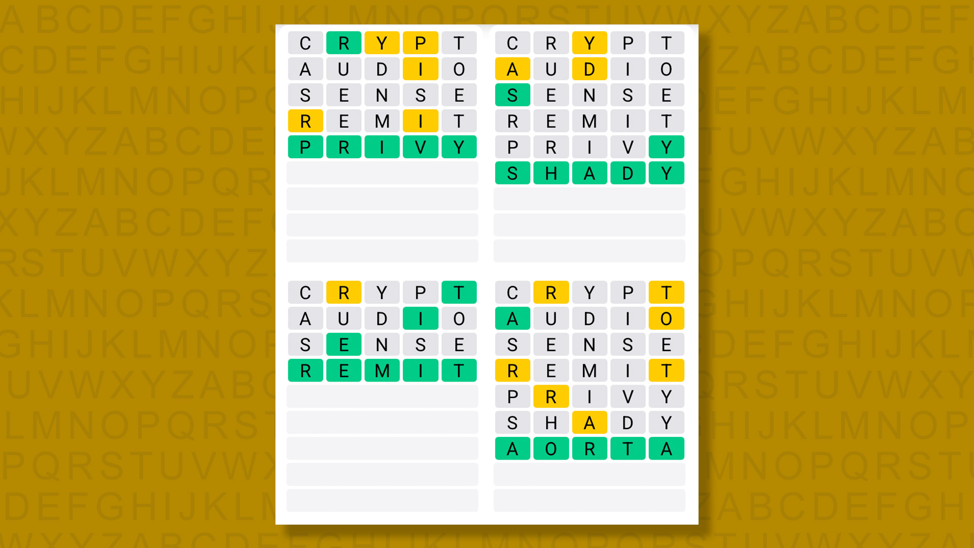Quordle answers for game 1458 on a yellow background
