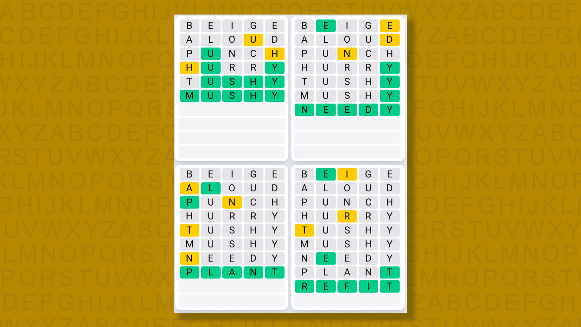 Quordle Daily Sequence answers for game 1465 on a yellow background