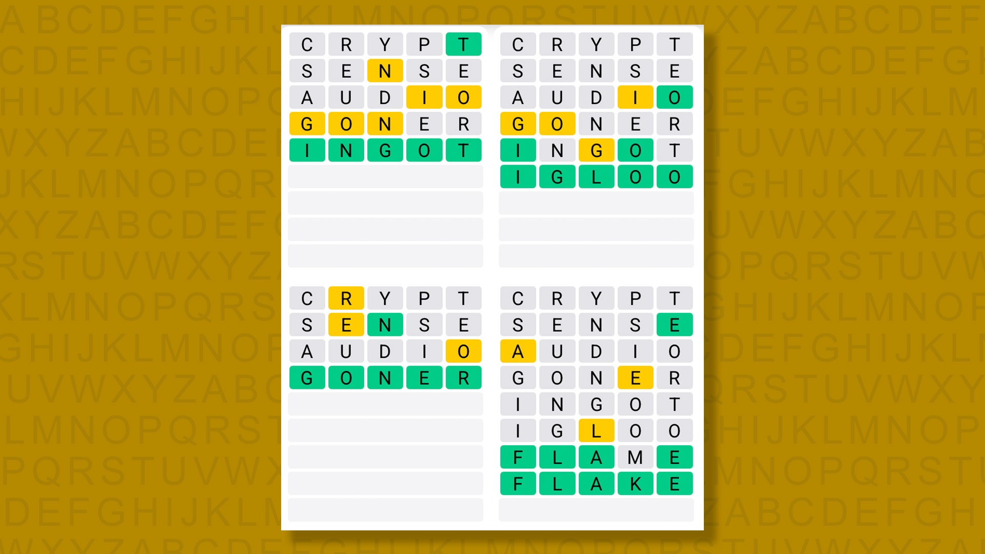 Quordle answers for game 1465 on a yellow background