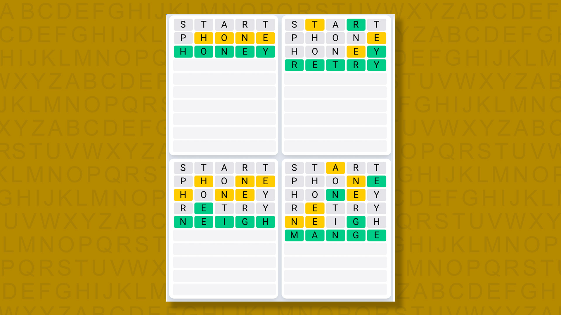 Quordle Daily Sequence answers for game 1444 on a yellow background