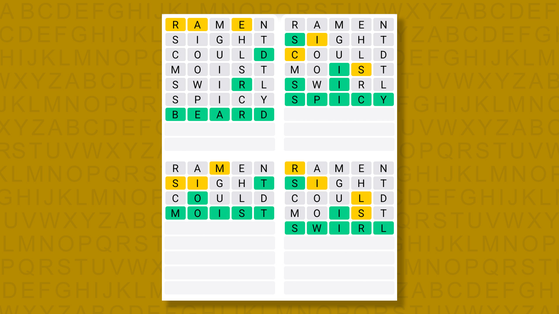 Quordle answers for game 1444 on a yellow background