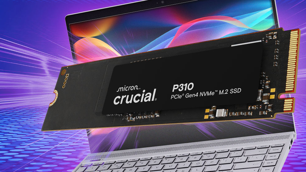 Crucial P310 1TB SSD shown in front of a laptop