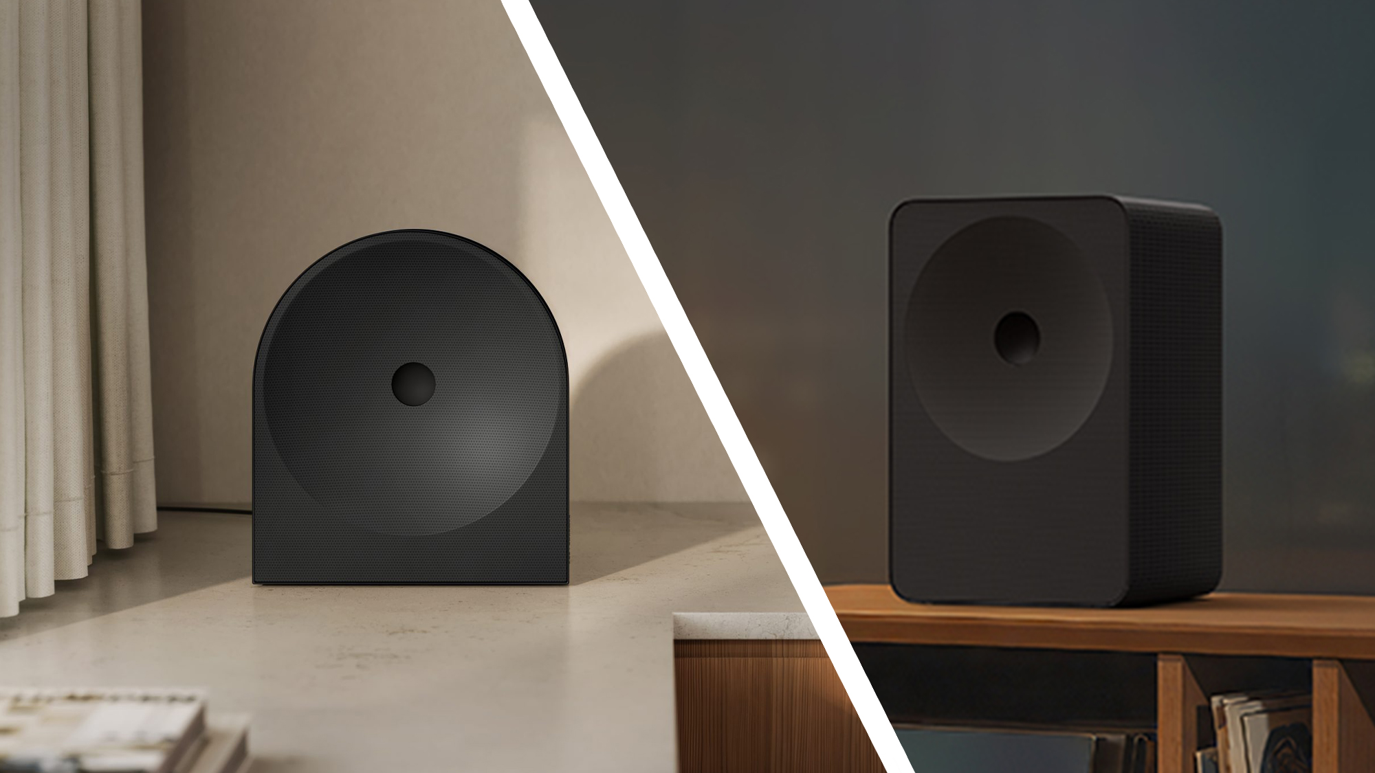 Samsung Music Studio 5 speaker on the left, Samsung Music Studio 7 speaker on the right