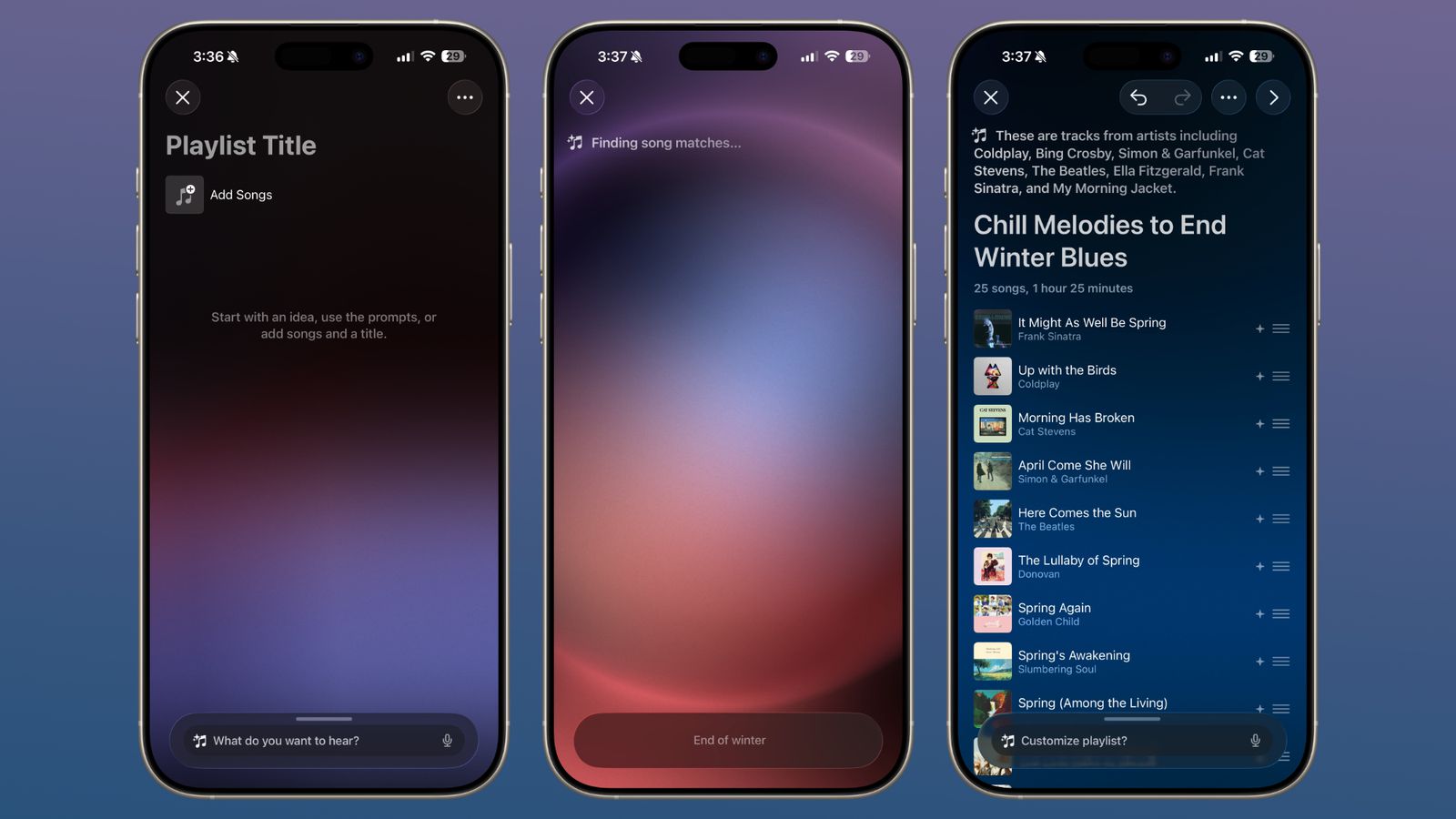 Three iPhones showing the new AI playlist tool in Apple Music