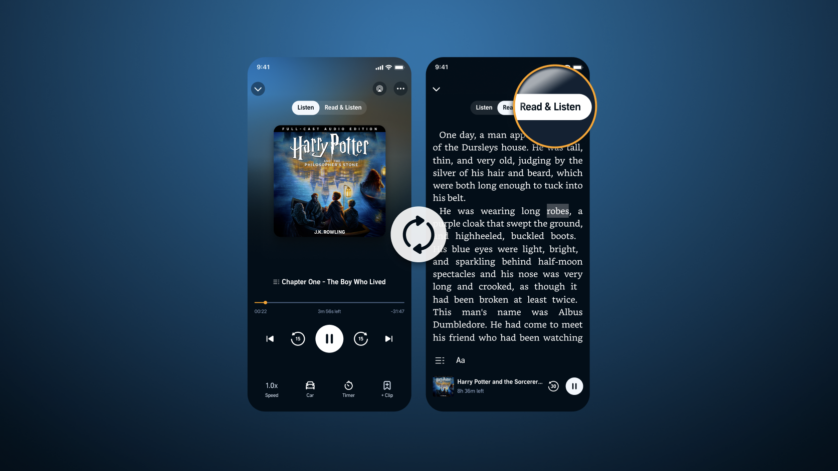 Two smartphones showing a Harry Potter book in the Audible app with the Read and Listen function enabled