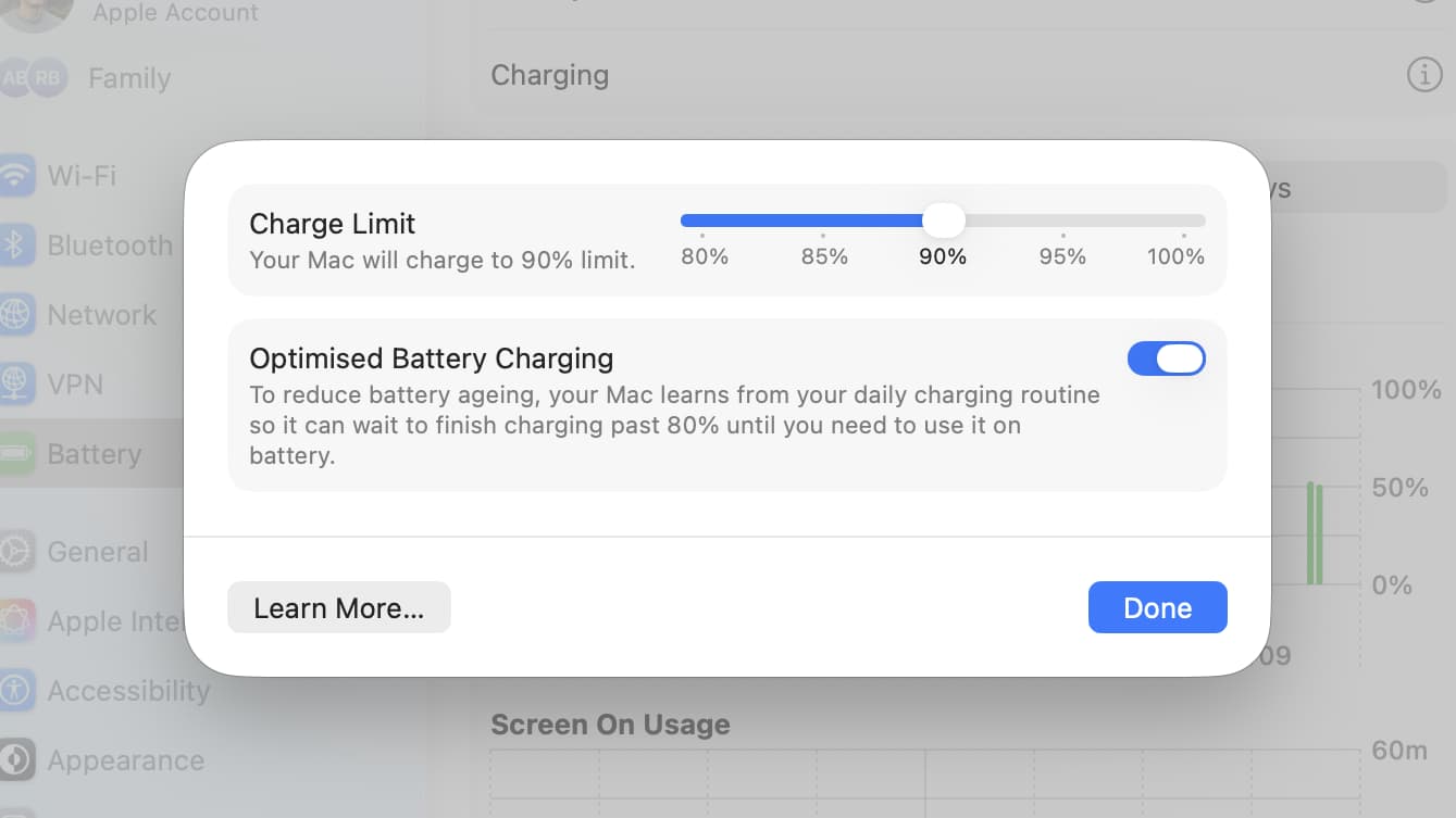 The Charge Limit feature in the System Settings app running in macOS Tahoe 26.