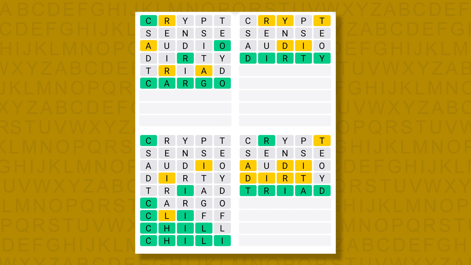 Quordle answers for game 1488 on a yellow background