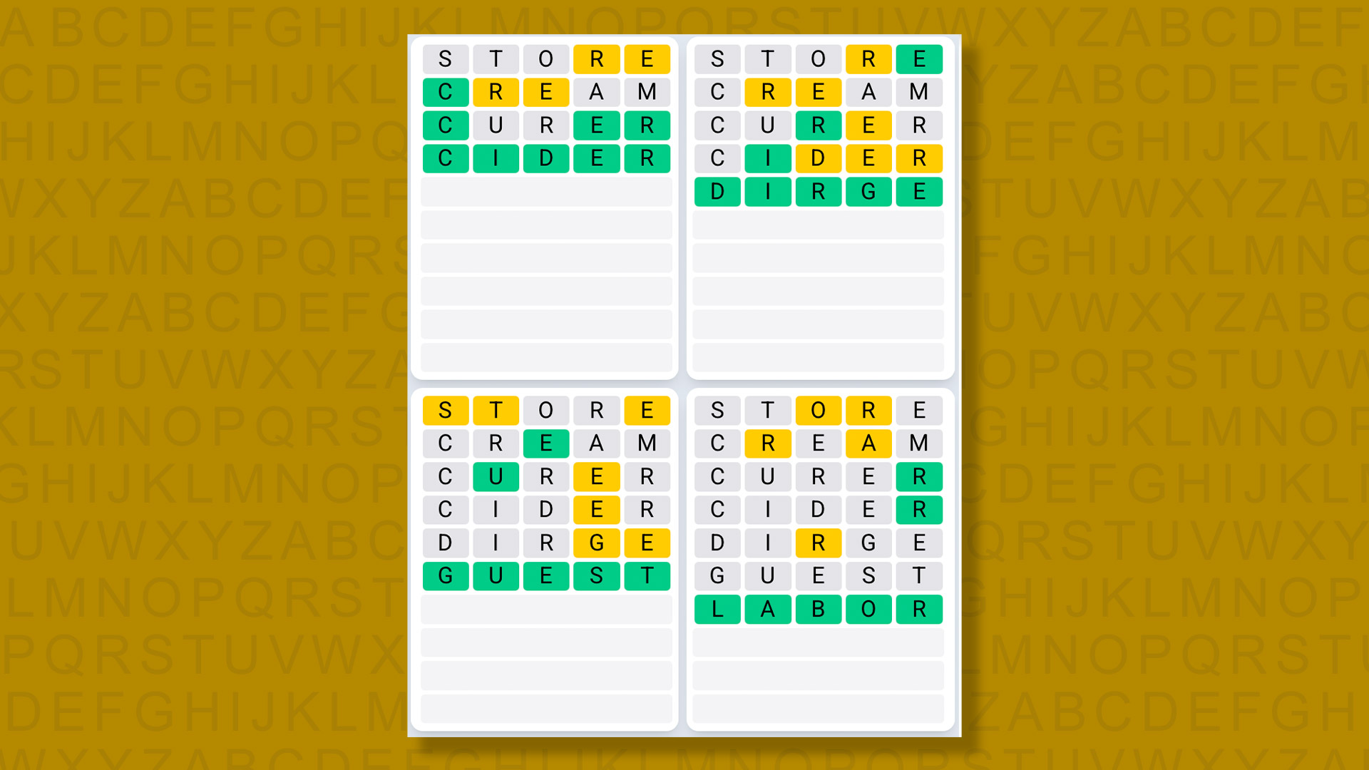 Quordle Daily Sequence answers for game 1495 on a yellow background
