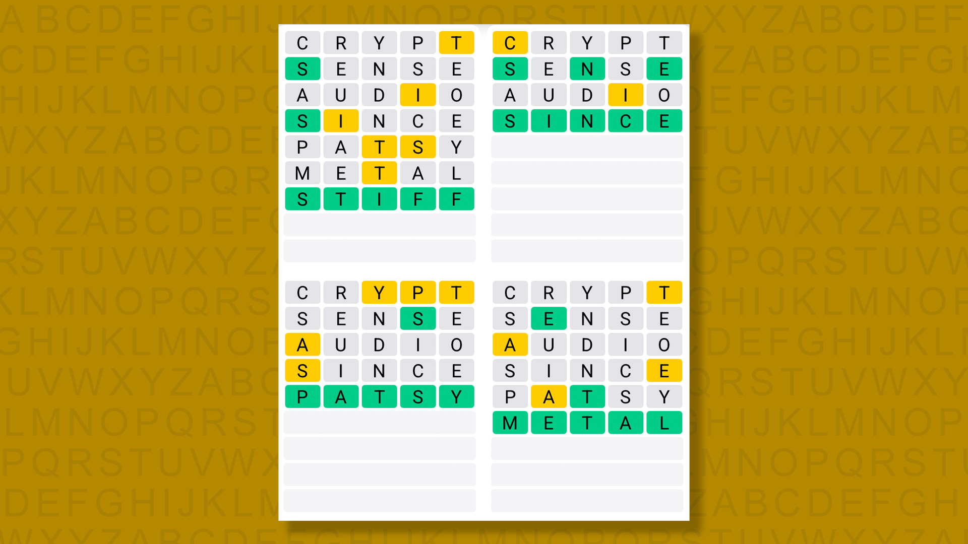 Quordle answers for game 1495 on a yellow background