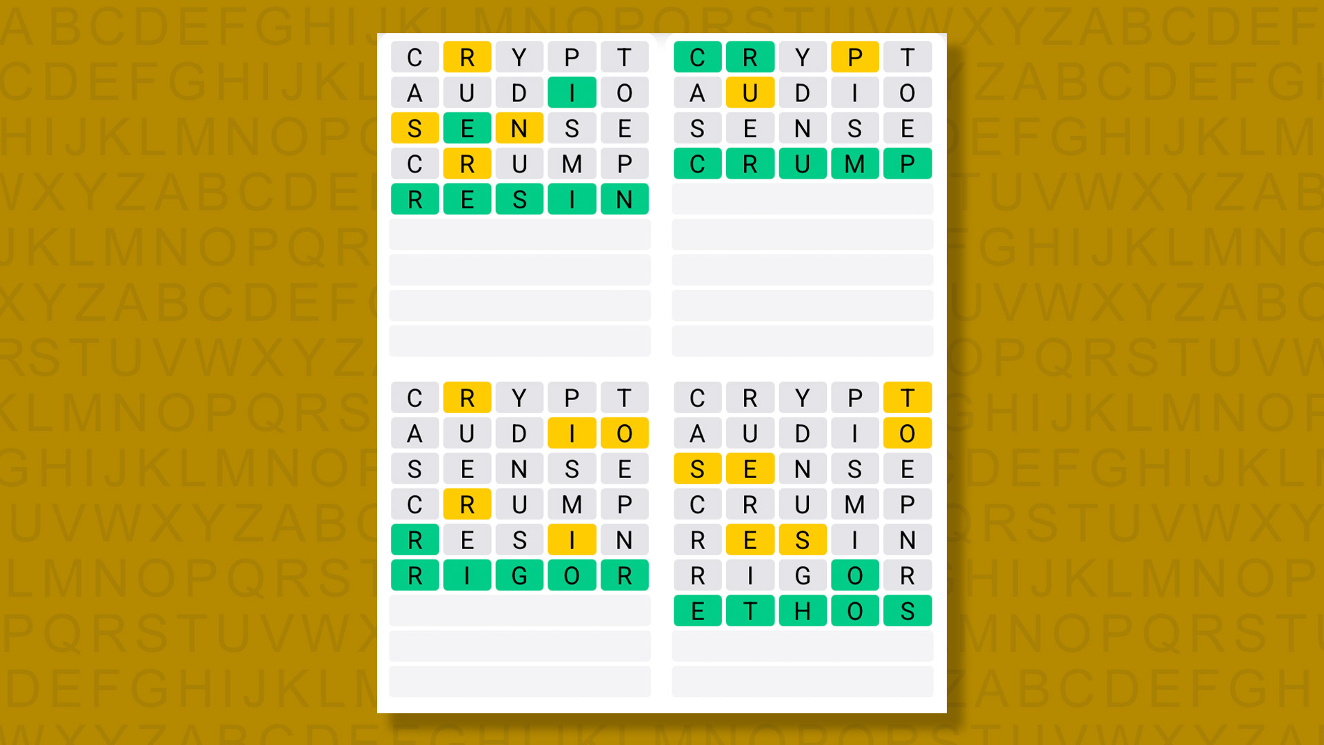 Quordle answers for game 1474 on a yellow background