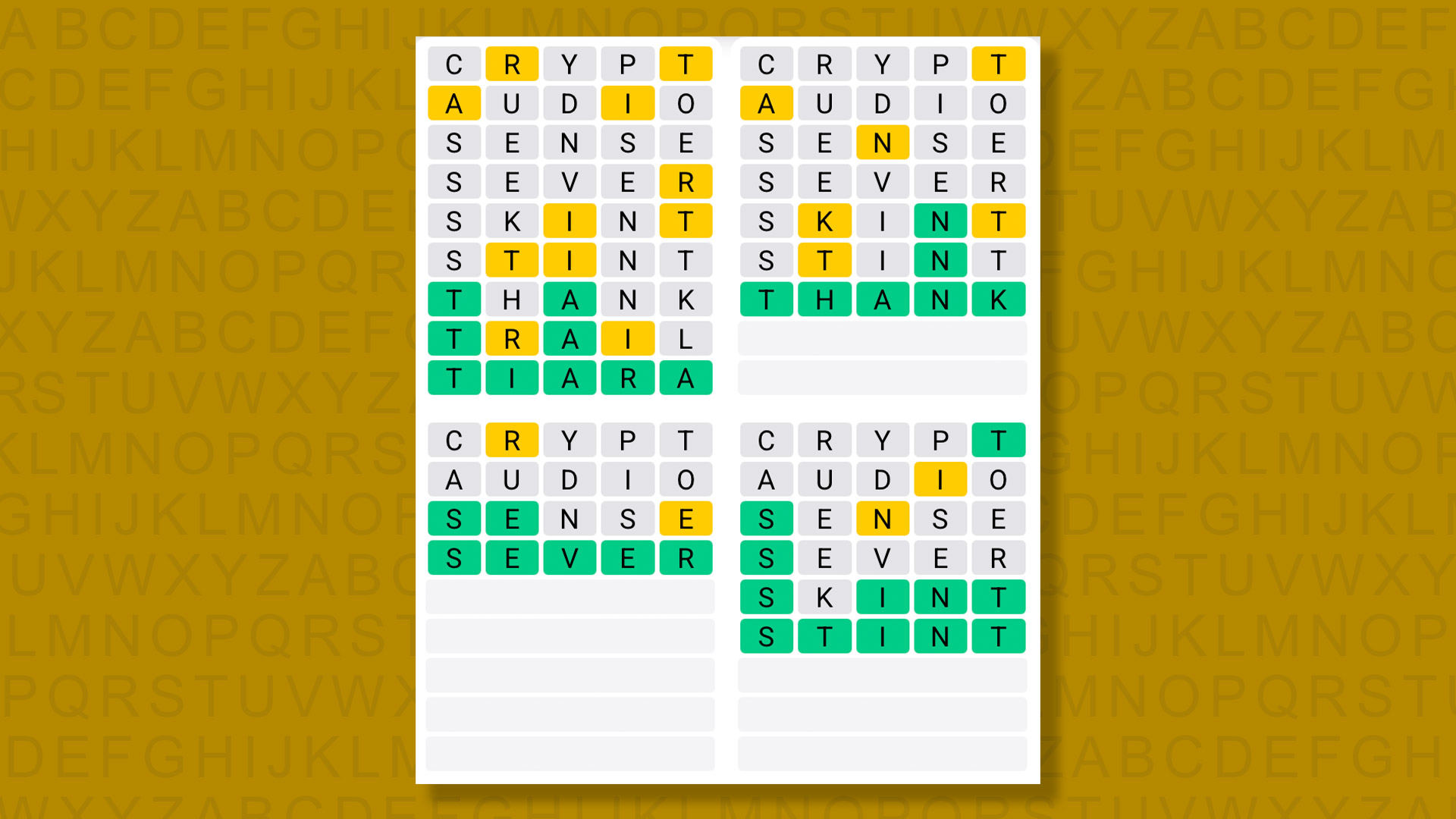 Quordle answers for game 1470 on a yellow background