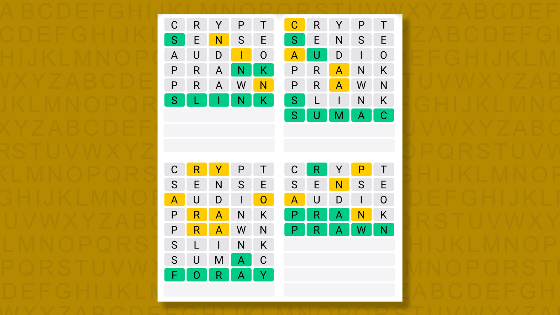 Quordle answers for game 1491 on a yellow background