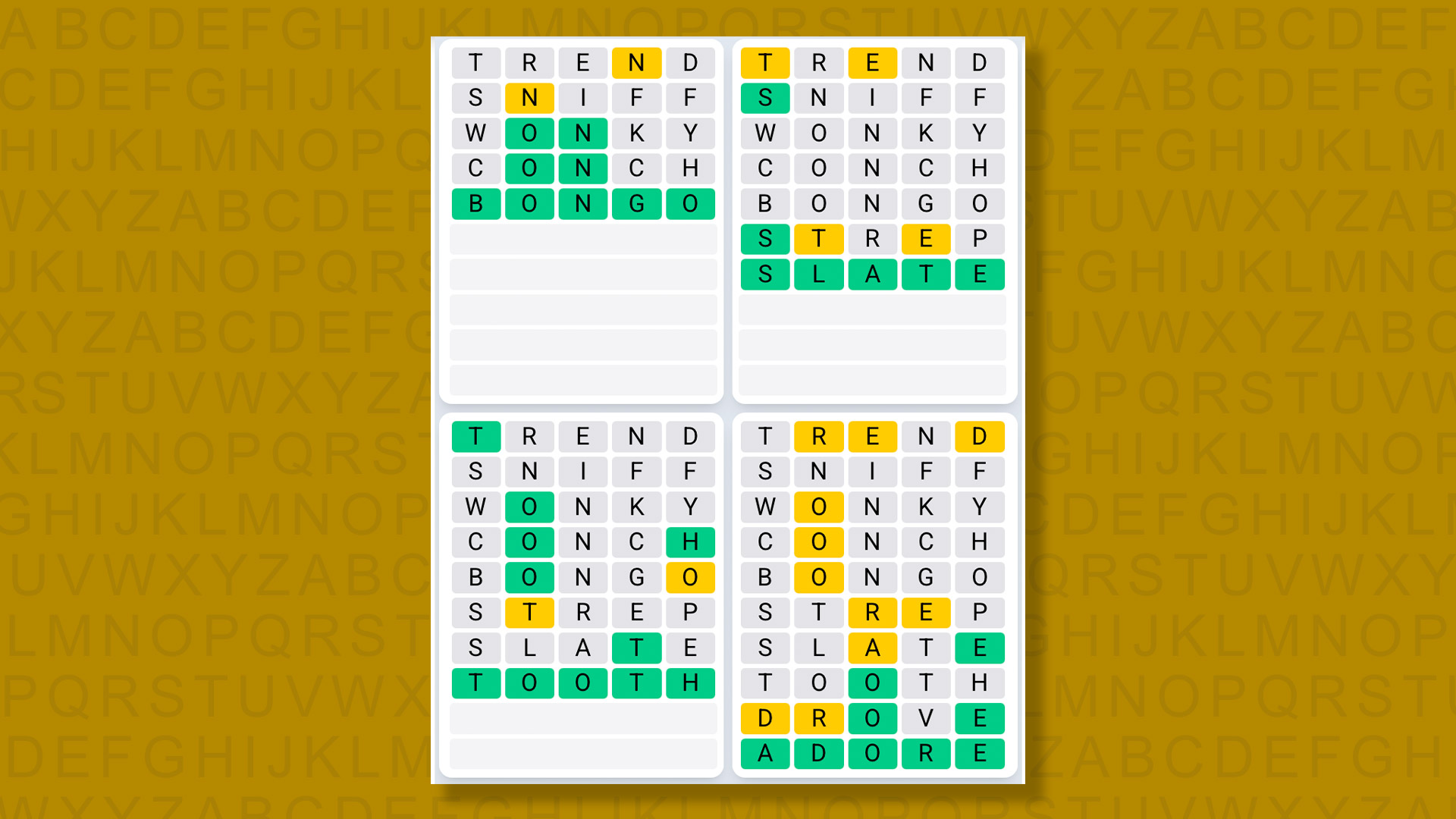Quordle Daily Sequence answers for game 1477 on a yellow background