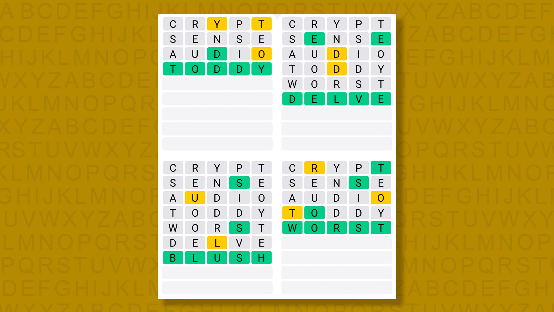 Quordle answers for game 1477 on a yellow background