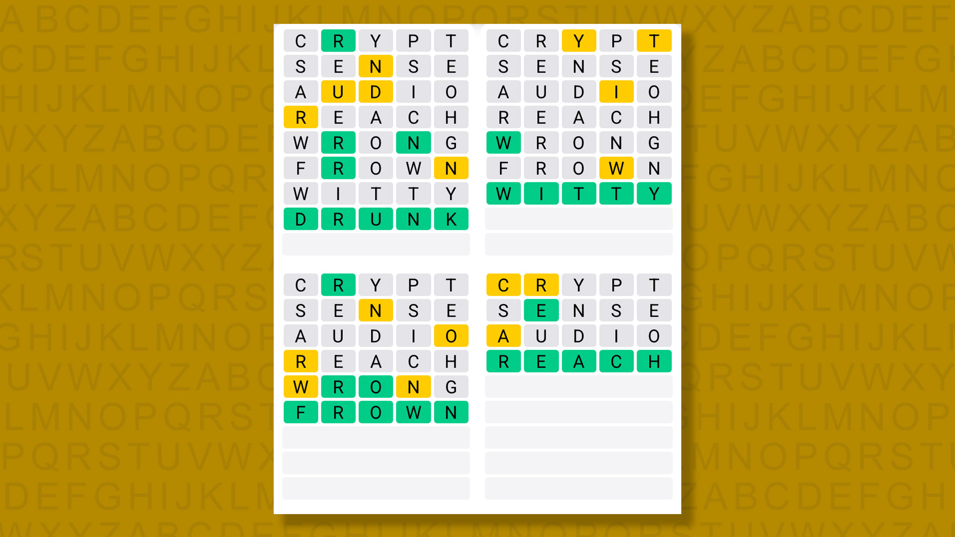 Quordle answers for game 1489 on a yellow background