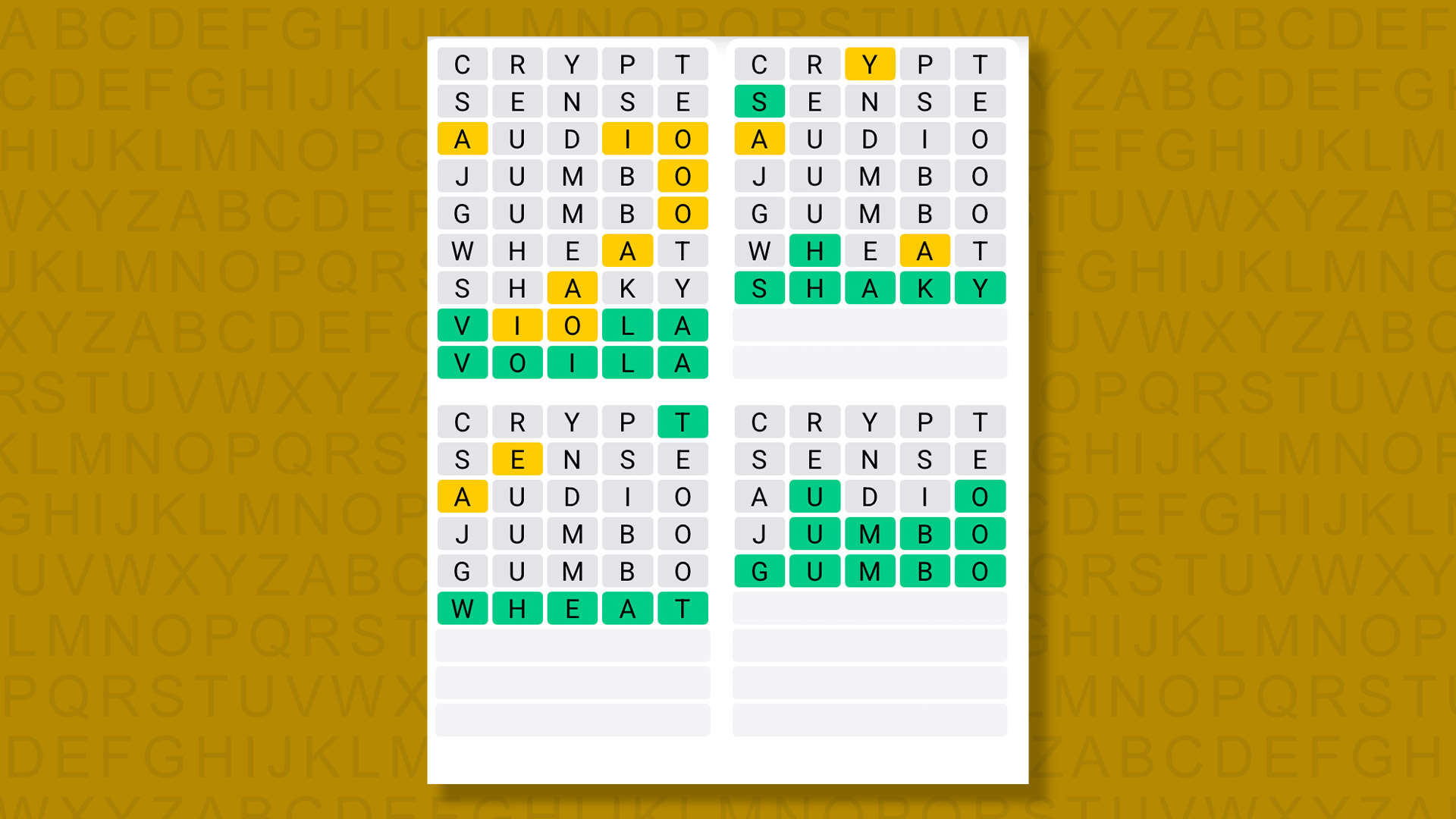 Quordle answers for game 1483 on a yellow background
