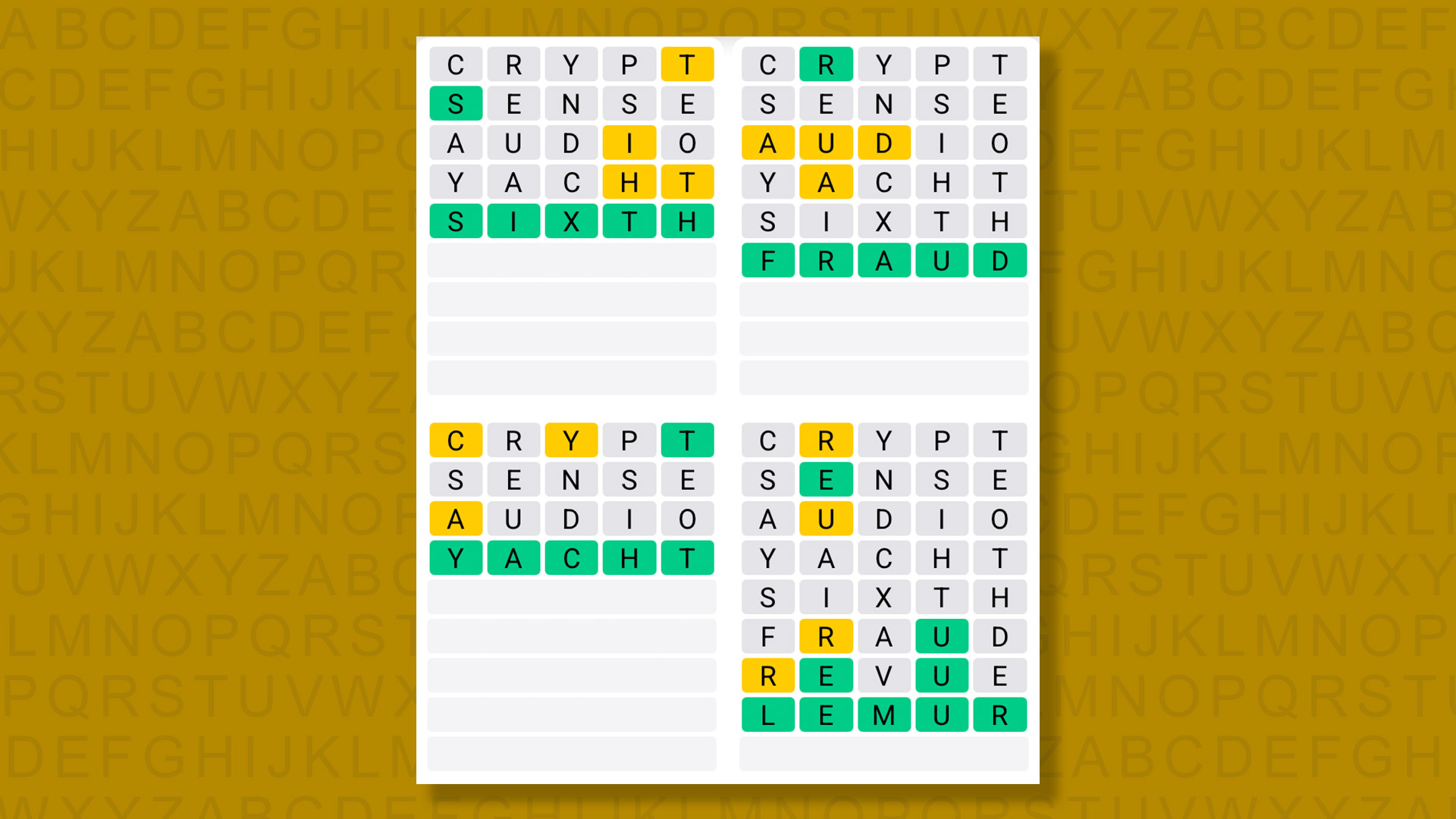 Quordle answers for game 1490 on a yellow background